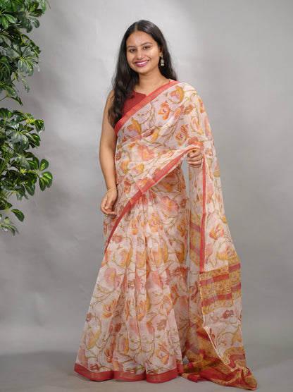Off white Pure Kota Doria Saree with Bagru Handblock Prints