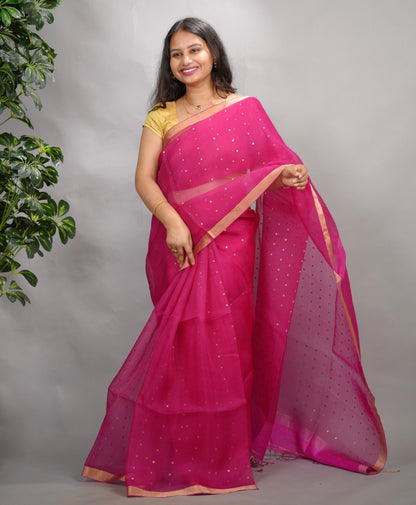 Pink Handwoven Muslin Silk Saree With Sequence Work | Looms & Tassels