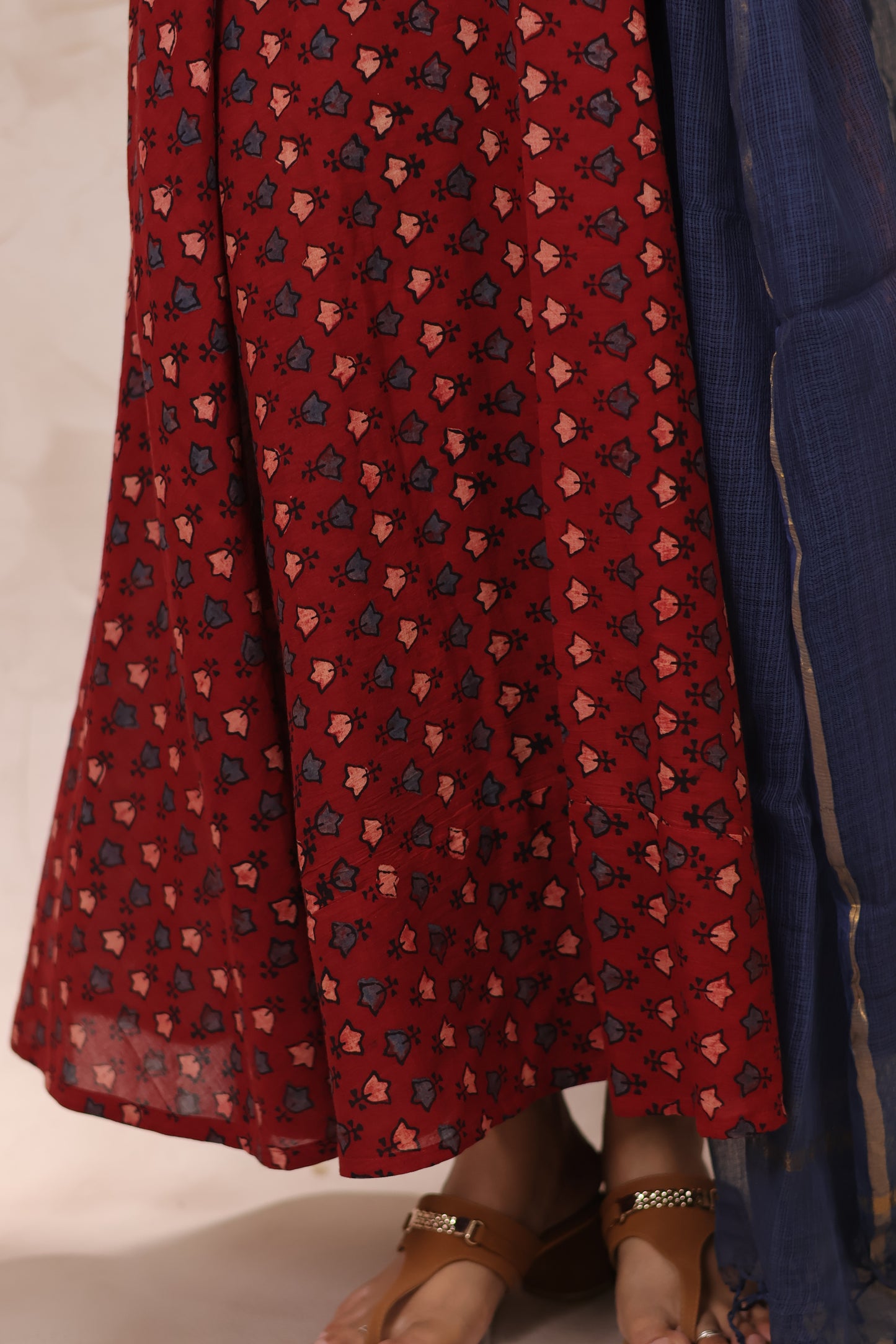 Maroon Pure Cotton Ajrakh Hand Block Printed Angarkha Kurta with Kota Dupatta | Looms & Tassels