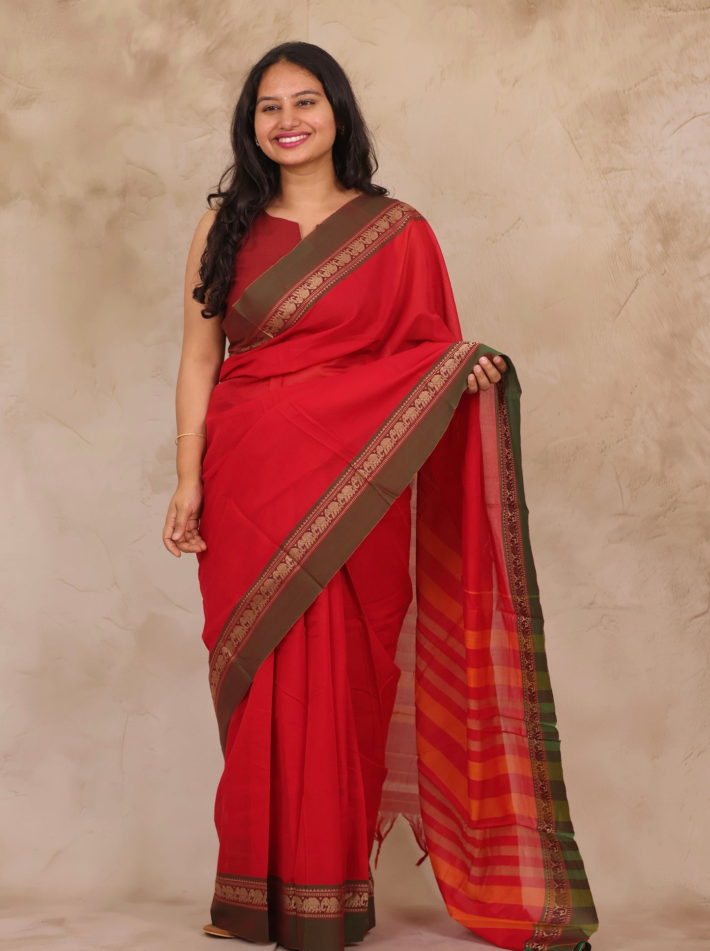 Red Narayanpet Cotton Saree with Elephant Border | Looms & Tassels
