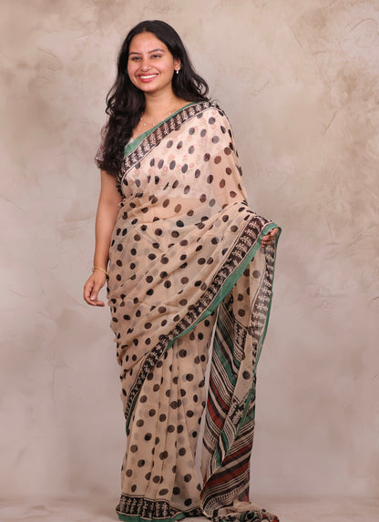 Cream Chiffon Hand Block Printed Saree | Looms & Tassels
