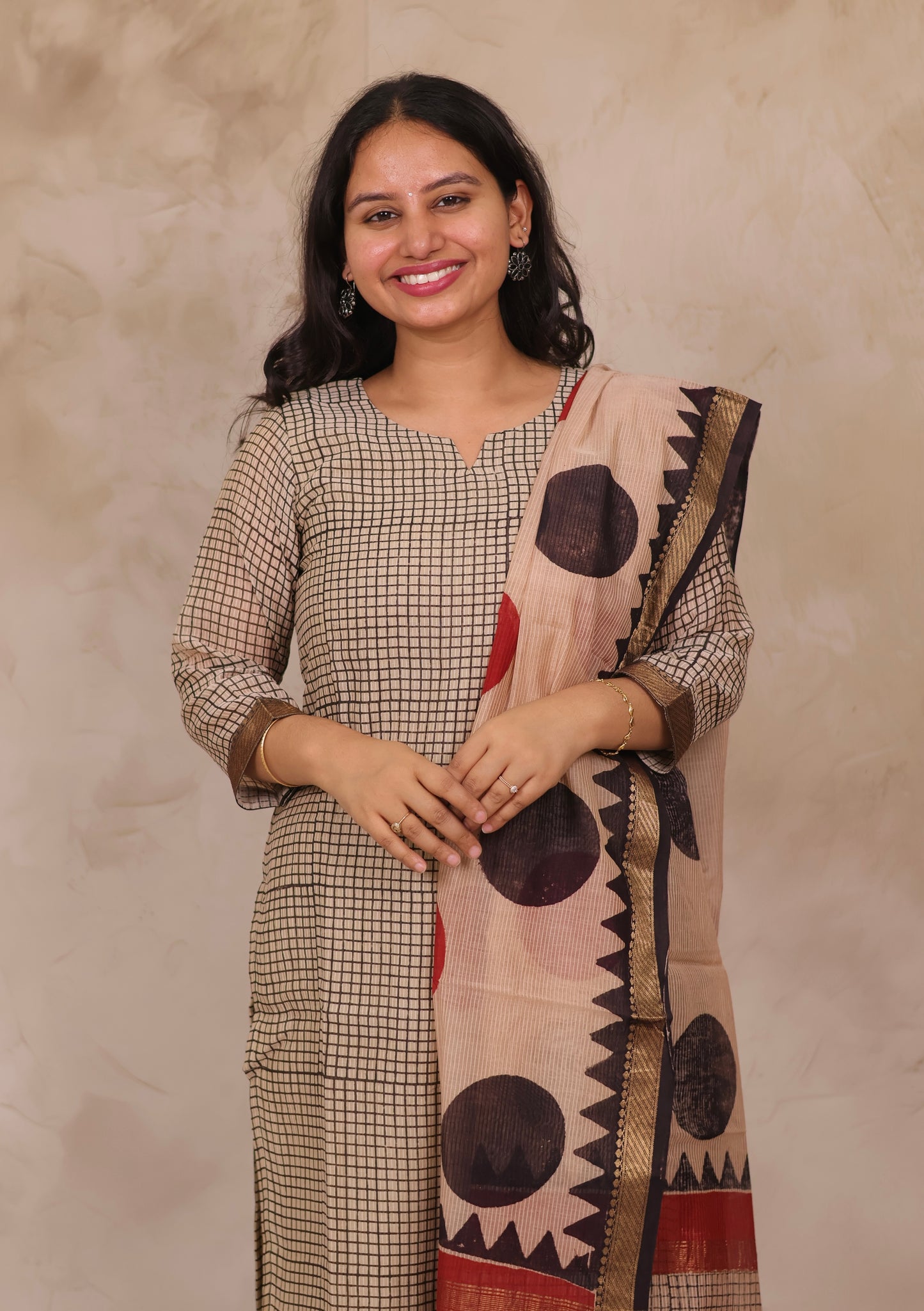 Cream stripes Handblock printed Pure Maheswari Silk 3 piece suit (stitched)