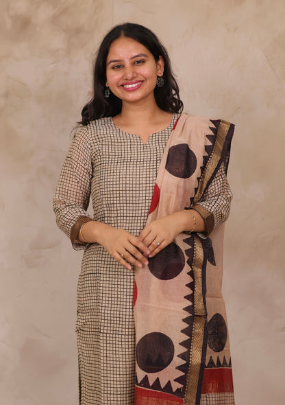 Cream stripes Handblock printed Pure Maheswari Silk 3 piece suit (stitched)