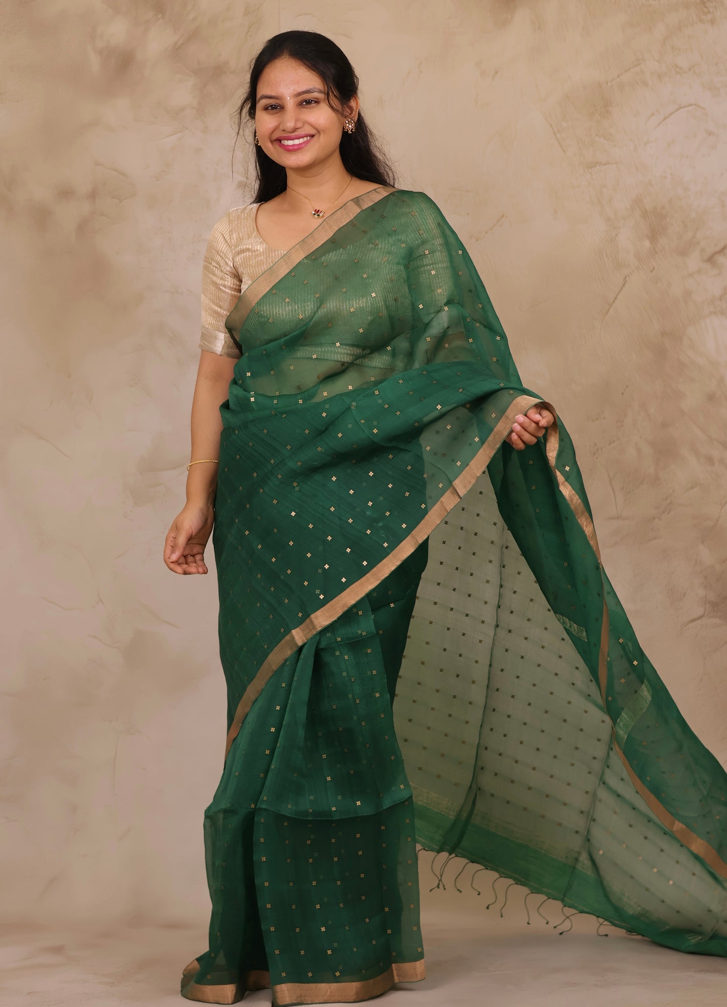 Green Handwoven Muslin Silk Saree With Sequence Work | Looms & Tassels