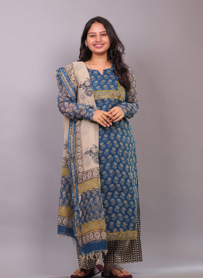 Cyan Blue Handblock printed kota 3 piece suit with chudi sleeves (stitched)