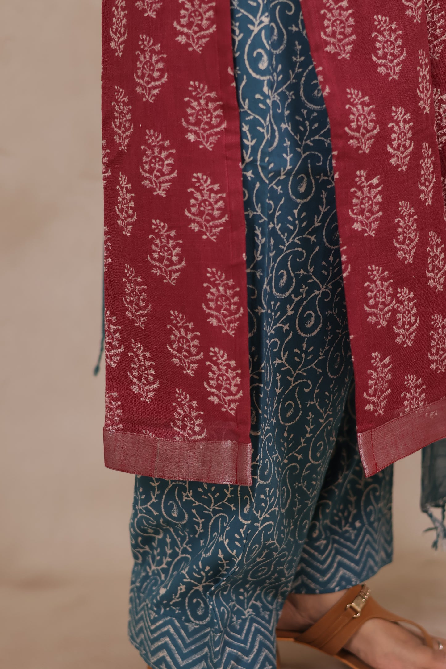 Dusty Rose Linen Cotton Handblock printed 3 piece suit (stitched)