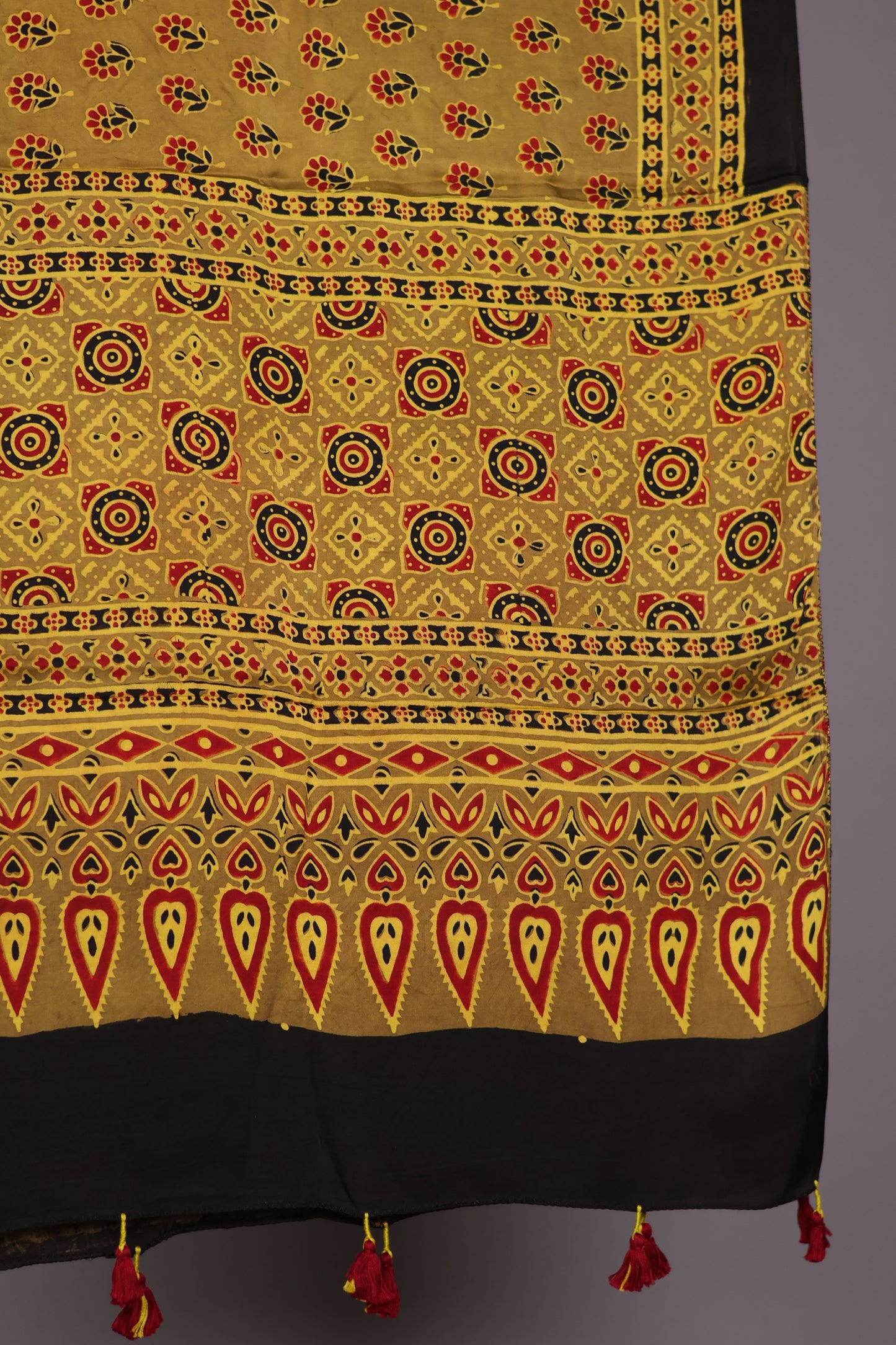 Mustard Ajrakh Hand Block Printed Modal Silk Stole | Looms & Tassels