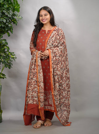 Maroon Kalamkari Kota Cotton 3 piece suit (stitched) | Looms & Tassels