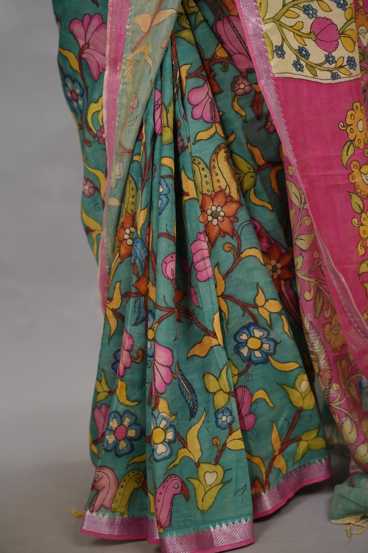 Bue Hand Drawn Pen  Mangalagiri Silk Saree | Looms & Tassels