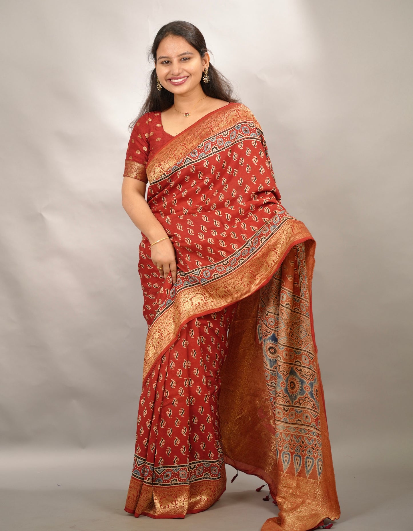 Red Butta Ajrakh Handblock printed Dola Silk Saree | Looms & Tassels