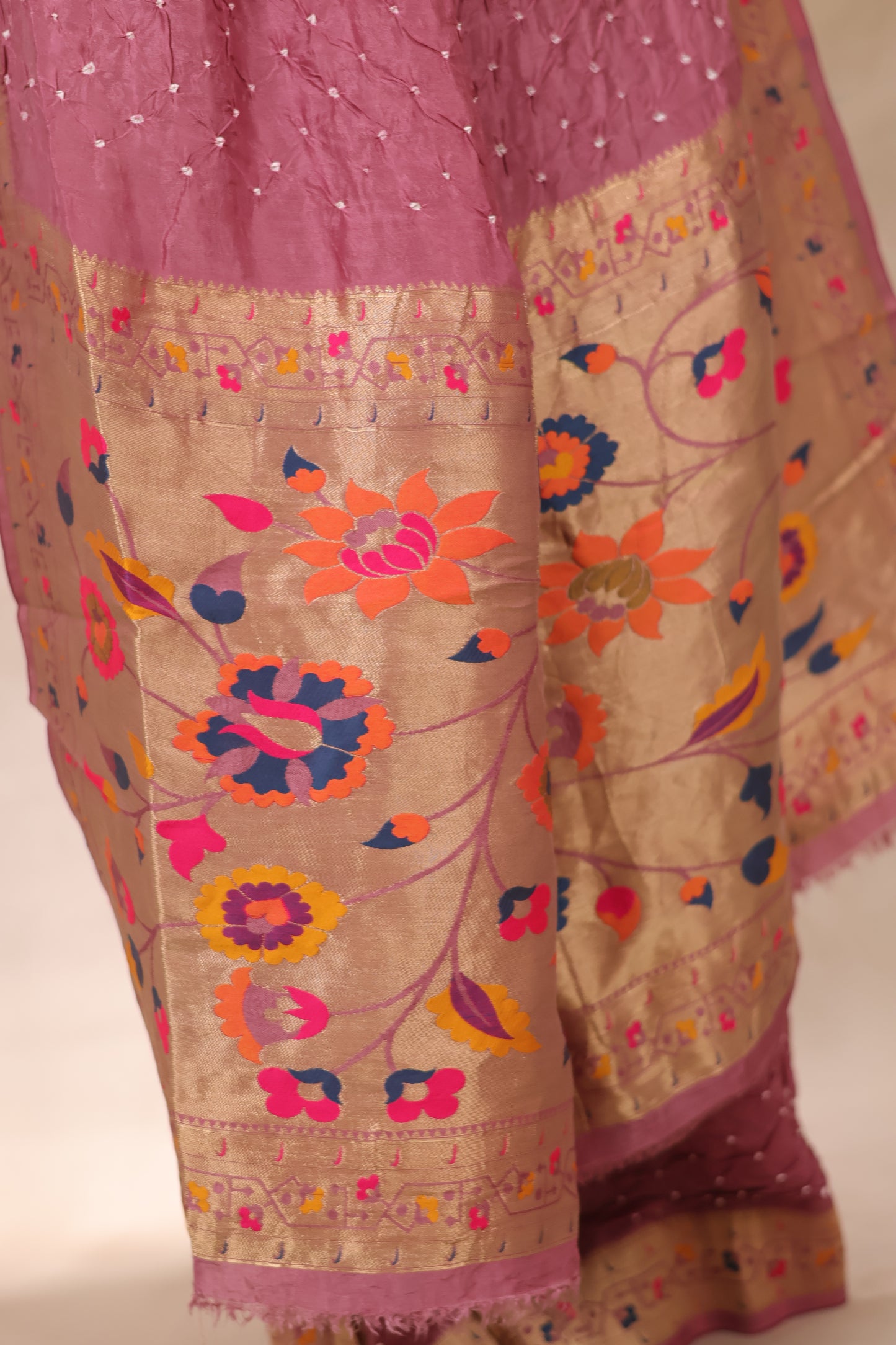 Onion Pink Handcrafted Bandhani Paithani Dola Silk Saree | Looms & Tassels