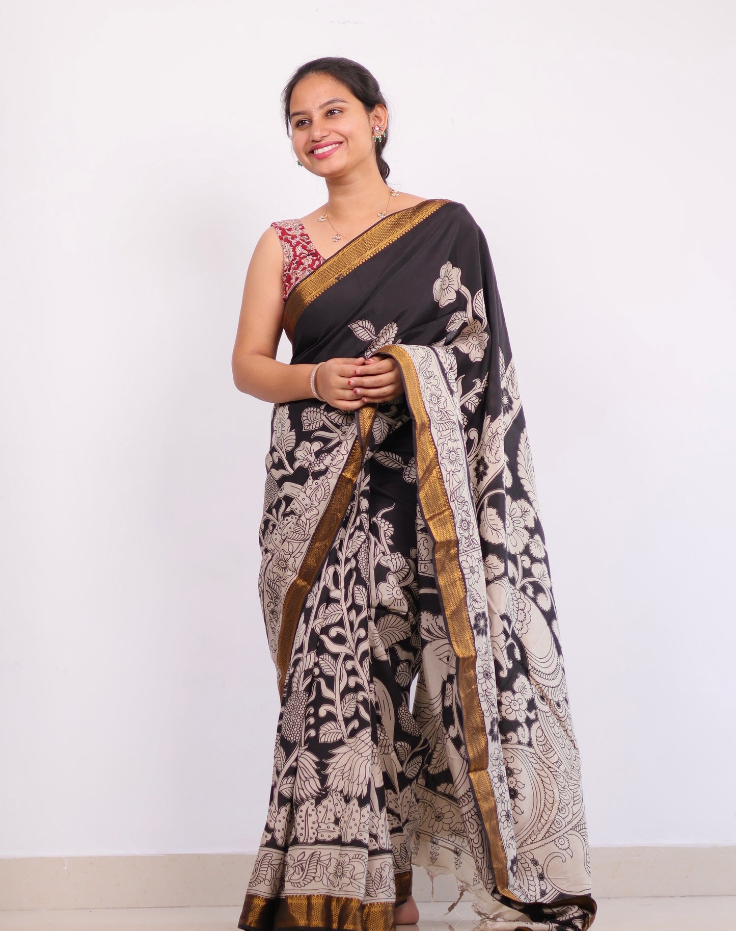 Black Nizam Border Kalamkari Silk Saree