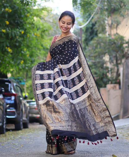 Black Ajrakh Dola Silk Saree