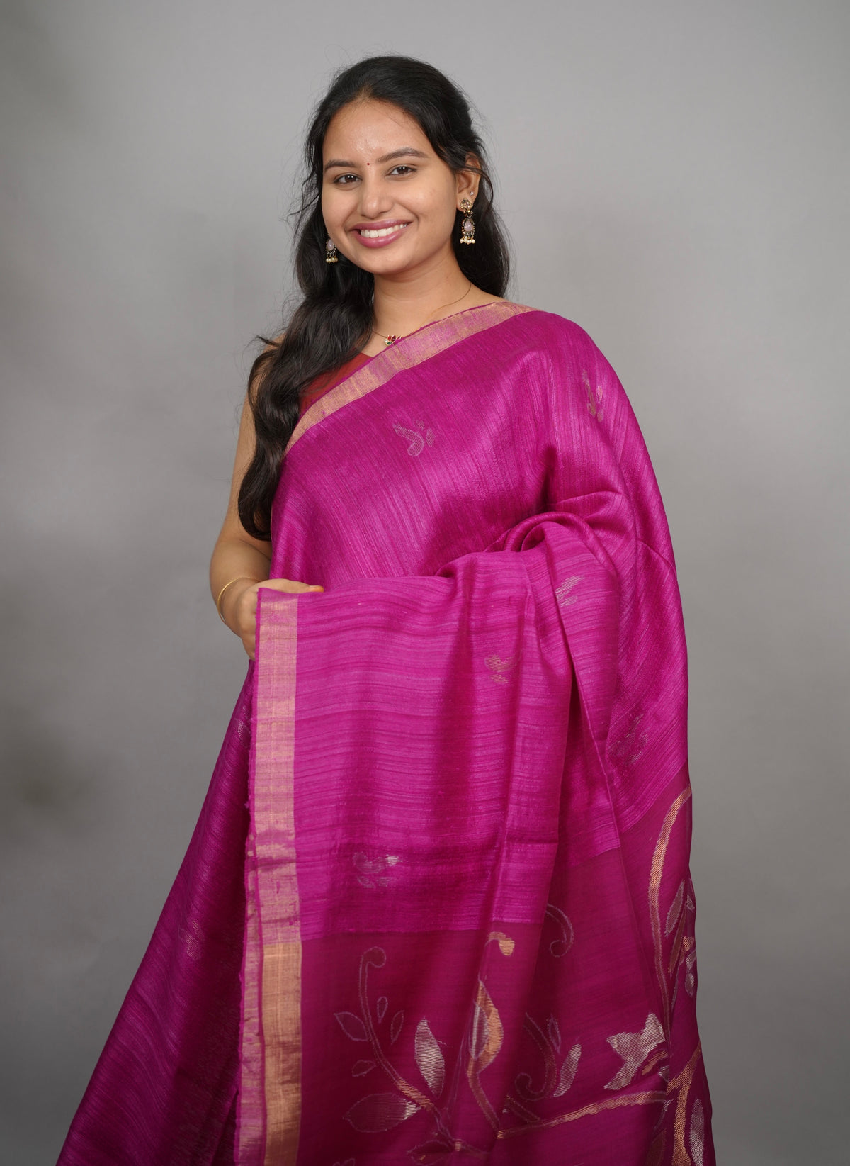 Pink Handloom Jamdhani Pure Matka Silk Saree with Muslin Silk Pallu | Looms & Tassels