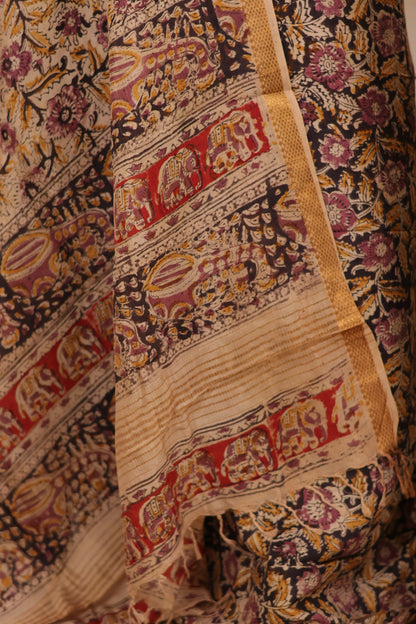 Hand Block Printed Kalamkari Unstitched 3pc Suit Set
