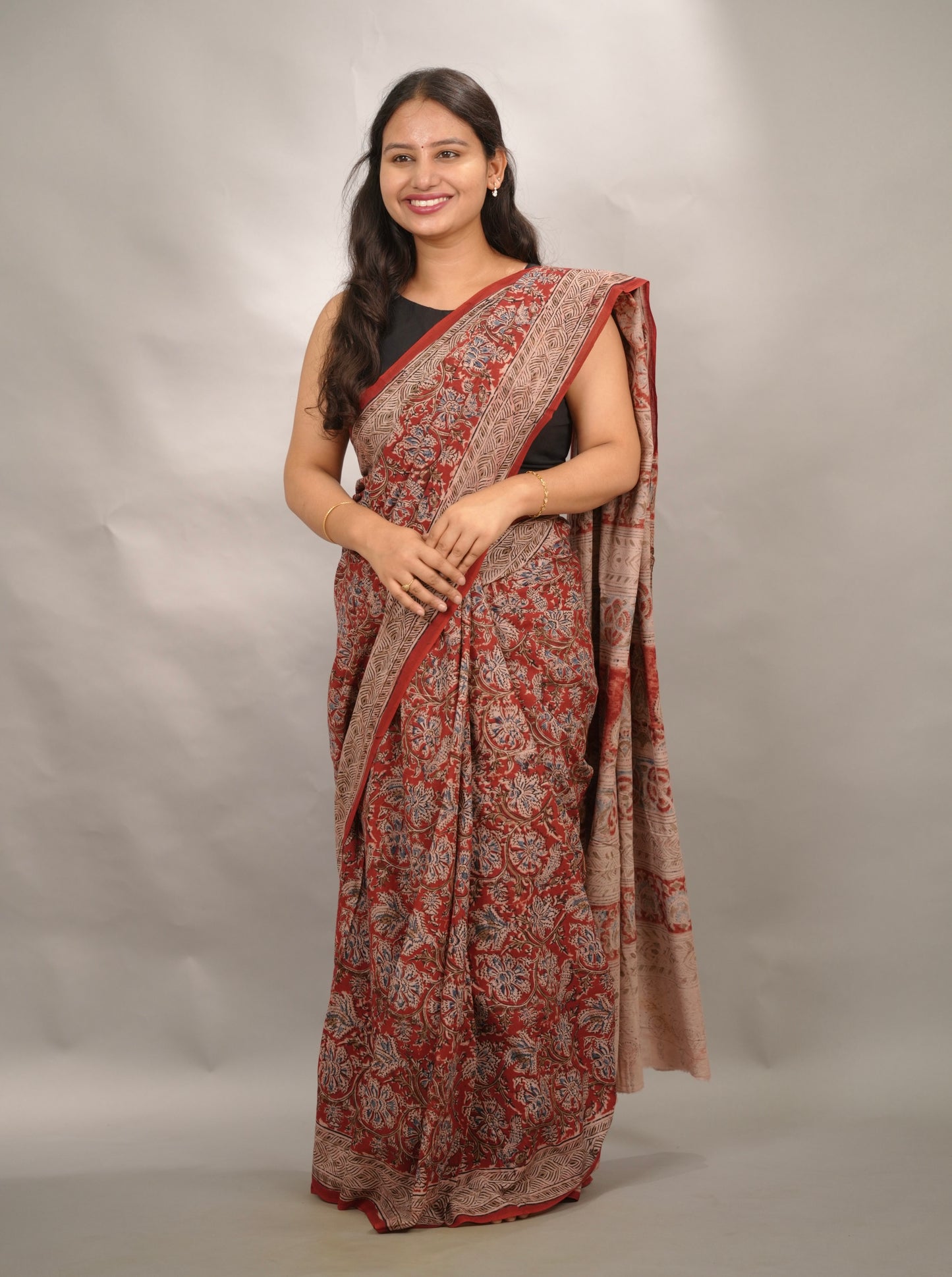Red Hand Block Printed Kalamkari Cotton Saree | Looms & Tassels