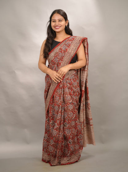 Red Hand Block Printed Kalamkari Cotton Saree | Looms & Tassels