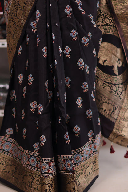 Black Ajrakh Dola Silk Saree