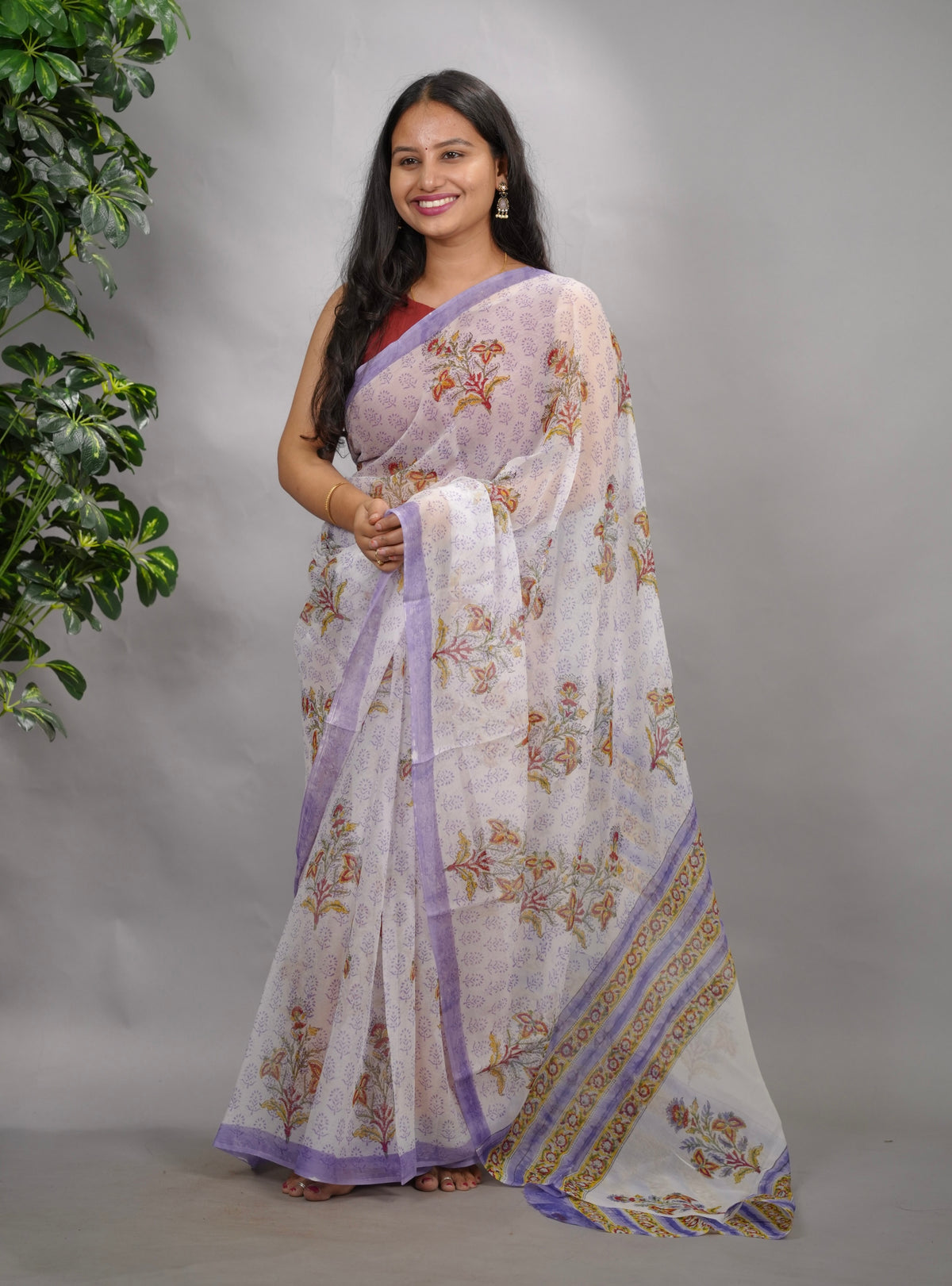 White & Lavender Hand Block Printed chiffon Saree| Looms & Tassels