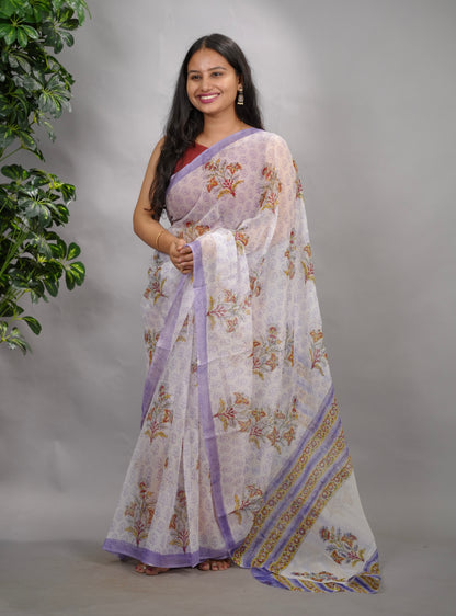 White & Lavender Hand Block Printed chiffon Saree| Looms & Tassels