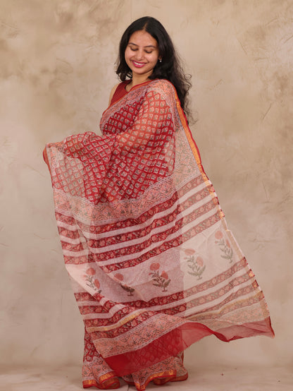 Red Pure Kota Doria Saree with Bagru Handblock Prints | Looms & Tassels
