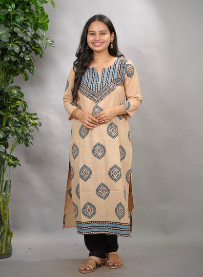 Cream Ajrakh Pattern Hand Block printed Kurti | Looms & Tassels