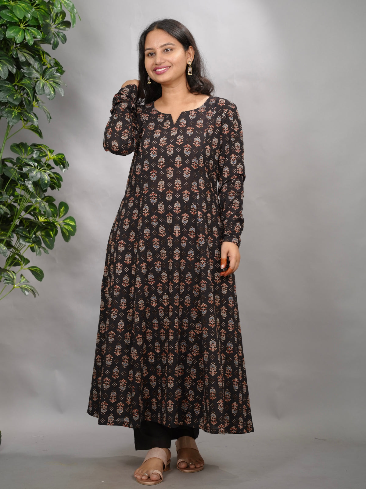 Black Ajrakh Handblock Printed Kali Kurta with Chudi Sleeves