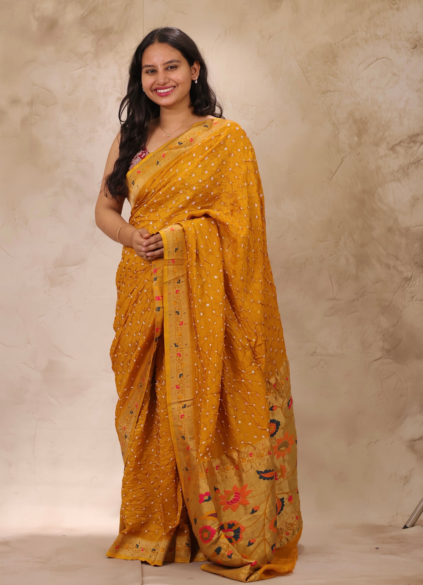 Mustard Handcrafted Bandhani Paithani Dola Silk Saree | Looms & Tassels