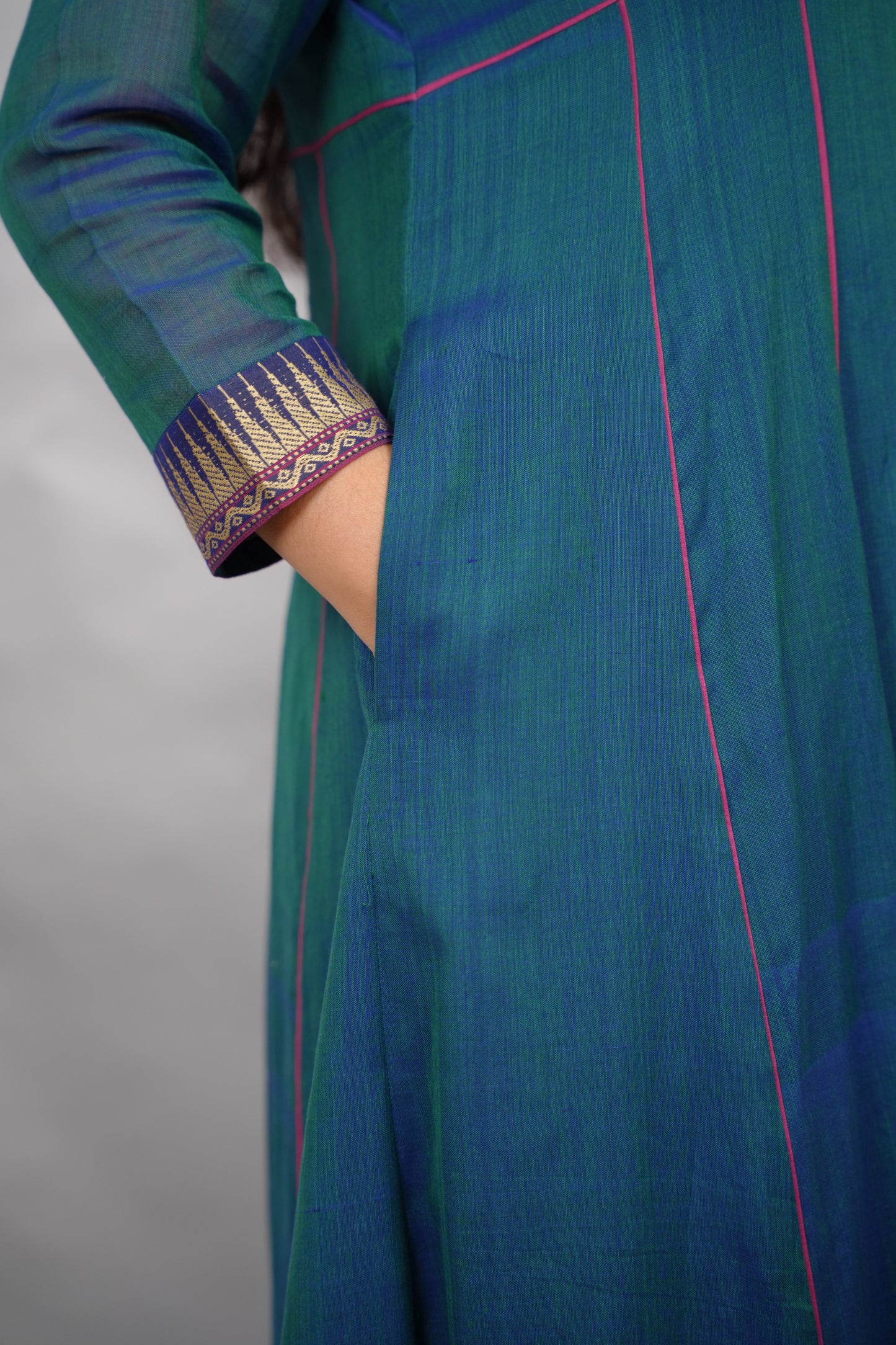 Rama Blue Narayanpet Cotton Anarkali Dress with Magenta Narayanpet Dupatta | Looms & Tassels