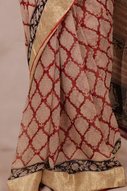 Maroon Chiffon Hand Block Printed Saree with Jari Border | Looms & Tassels