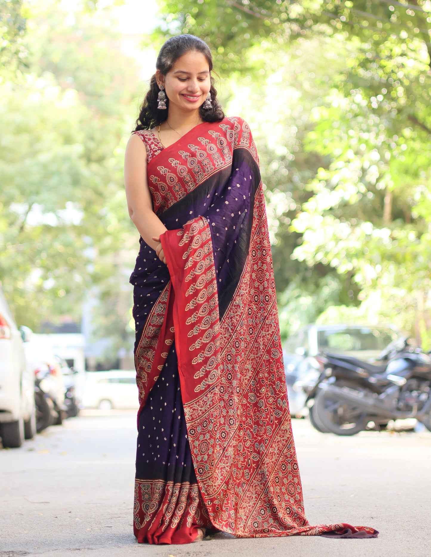 Purple Ajrakh Bandhej Modal Silk Saree