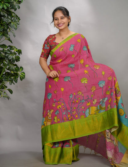 Pink Hand Drawn Pen Kalamkari Bangalore Silk Kanchi Border Saree | Looms & Tassels