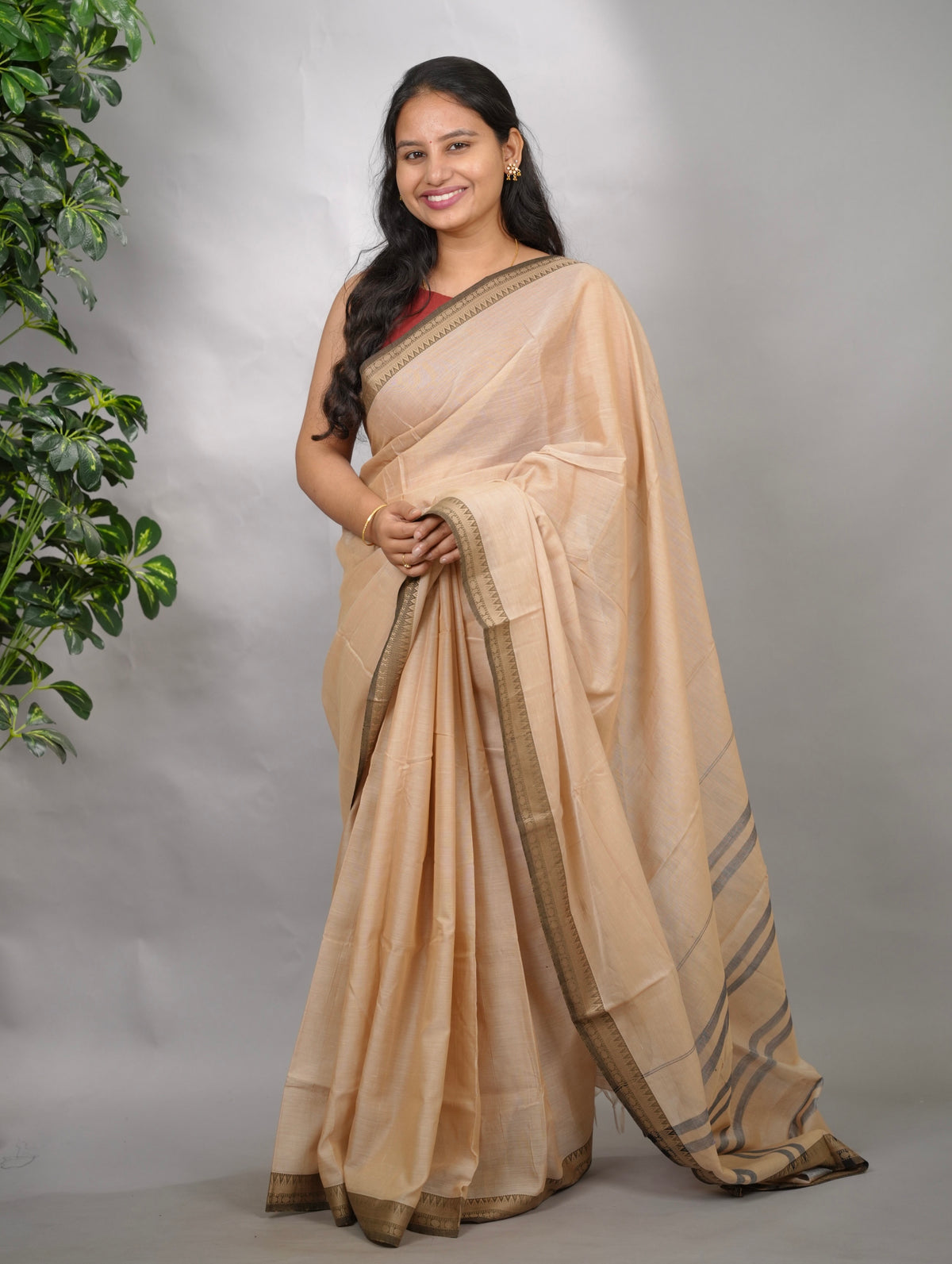 Sand Beige Narayanpet Cotton Saree | Looms & Tassels