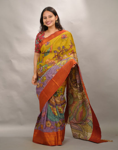 Yellow Hand Drawn Pen Kalamkari  Bangalore Silk Kanchi Border Saree | Looms & Tassels