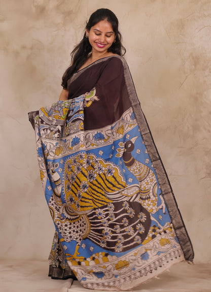 Chocolate Brown Story Telling Kalamkari Nizam Border Chennur Silk Saree | Looms & Tassels