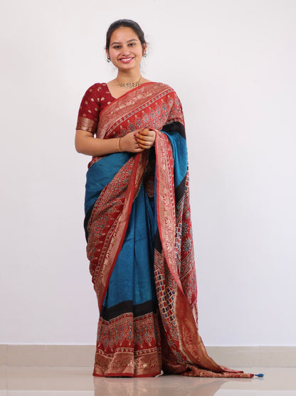 Ajrakh Dola Silk Saree