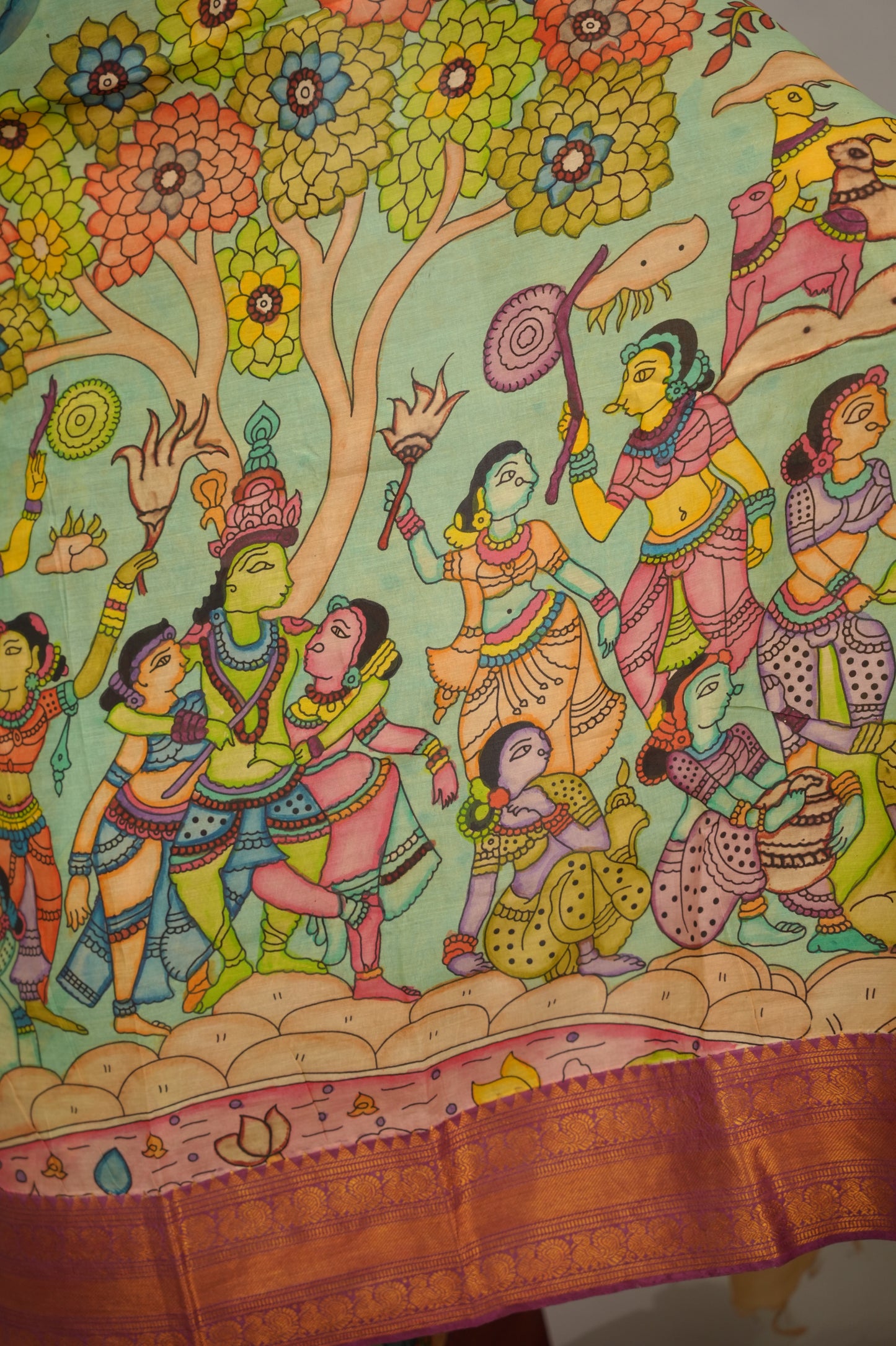 Pista Green Hand Drawn Pen Kalamkari Bangalore Silk Kanchi Border Saree | Looms & Tassels