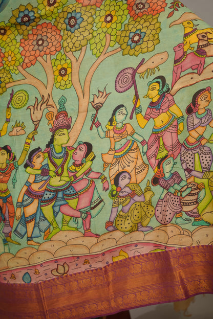Pista Green Hand Drawn Pen Kalamkari Bangalore Silk Kanchi Border Saree | Looms & Tassels