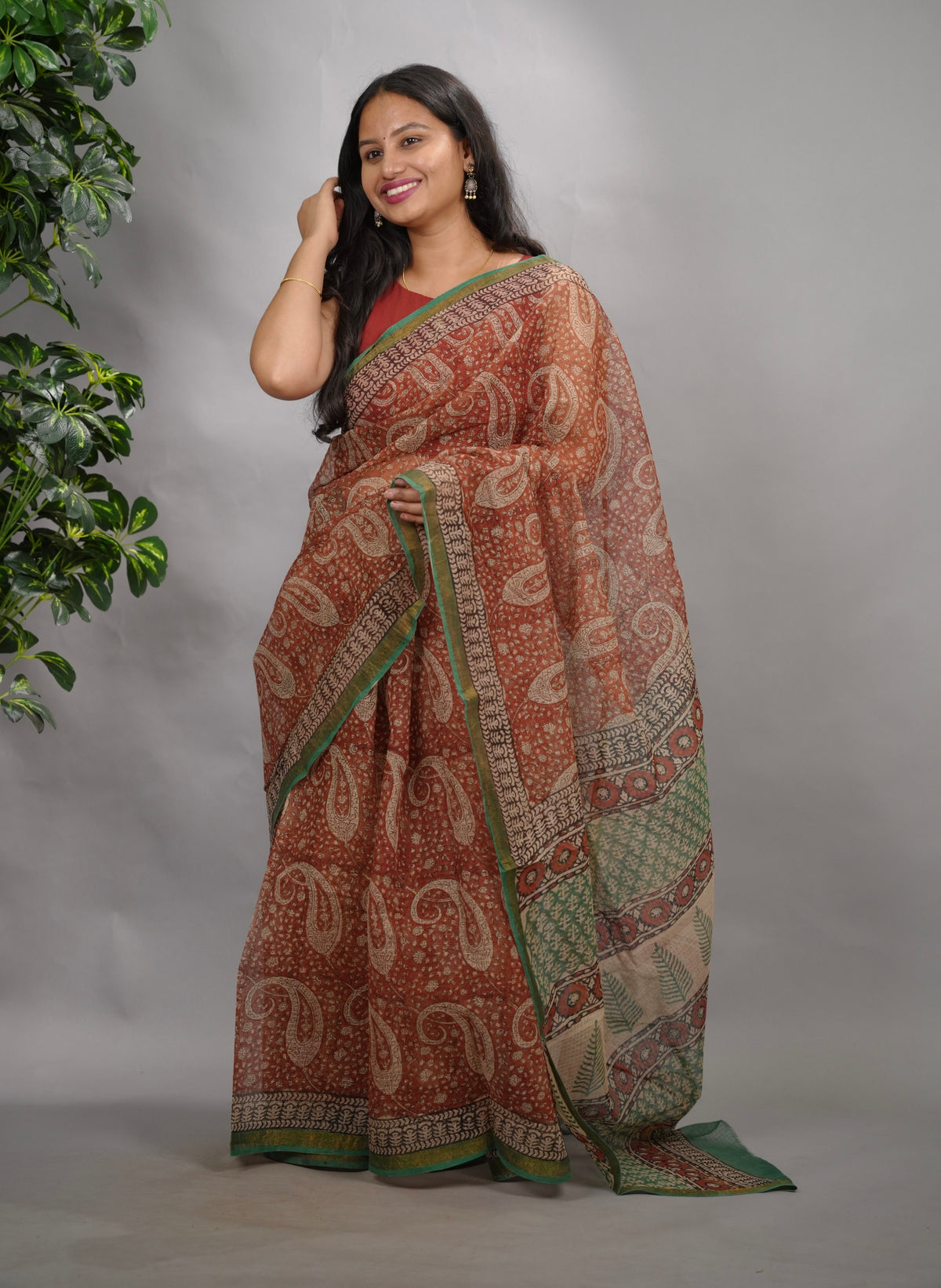 Maroon Pure Kota Doria Saree with Bagru Handblock Prints