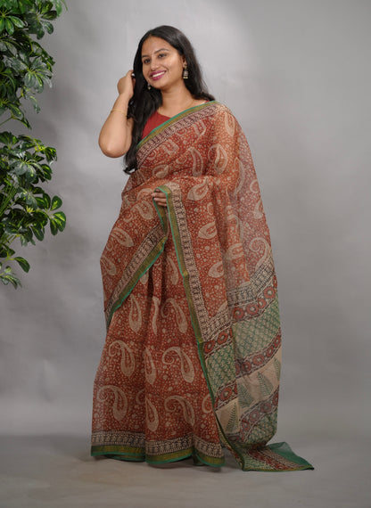 Maroon Pure Kota Doria Saree with Bagru Handblock Prints