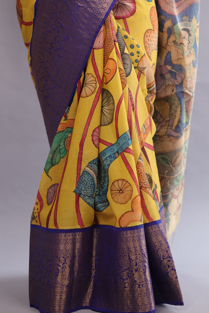 Yellow Hand Painted Pen Kalamkari Silk Saree
