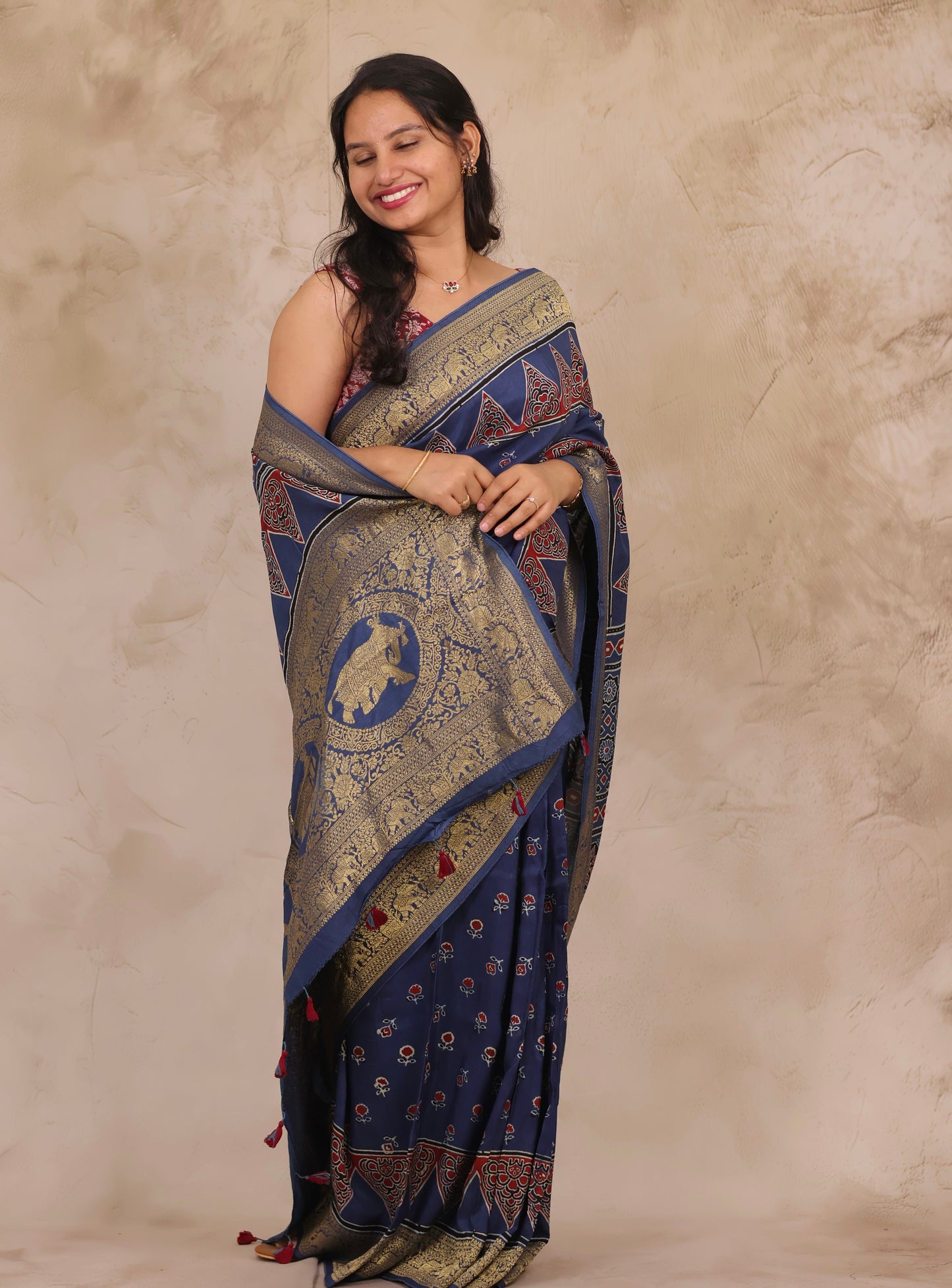 Indigo Floral Ajrakh Handblock printed Dola Silk Saree | Looms & Tassels