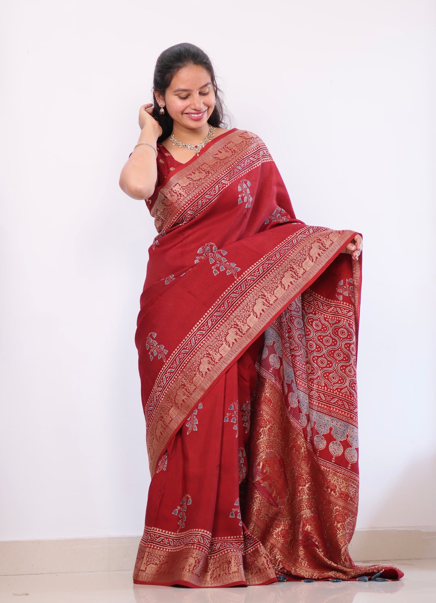 Red Ajrakh Dola Silk Saree