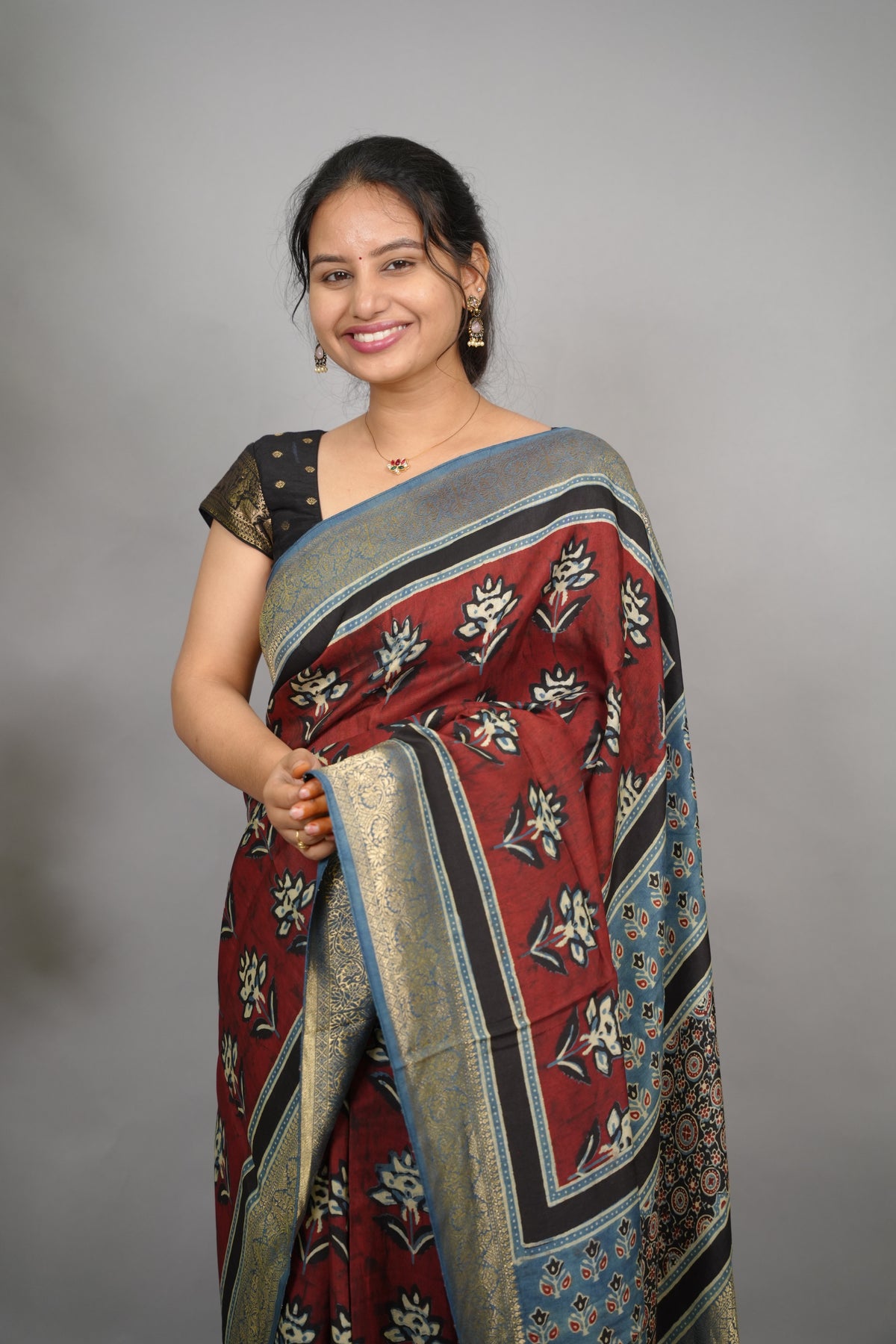 Ajrakh Dola Silk Saree - Brick Red | Looms & Tassels