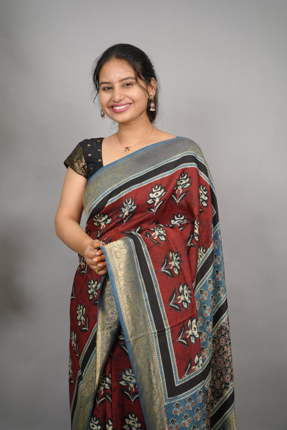 Ajrakh Dola Silk Saree - Brick Red | Looms & Tassels
