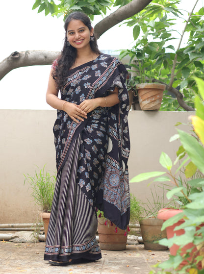 Black Ajrakh Modal Silk Saree