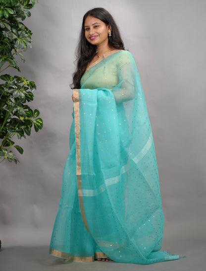 Ice Blue Handwoven Muslin Silk Saree With Sequence Work | Looms & Tassels