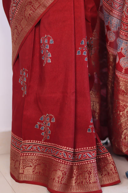 Red Ajrakh Dola Silk Saree