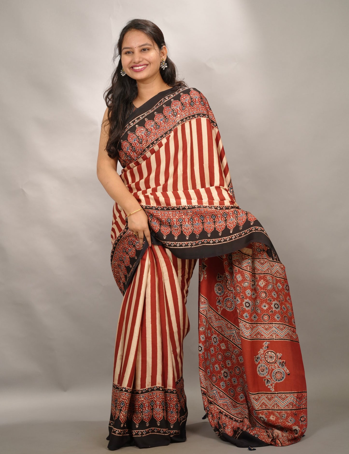 Authentic Red And Cream Stripes Ajrakh Handblock Printed Modal Silk Saree | Looms & Tassels