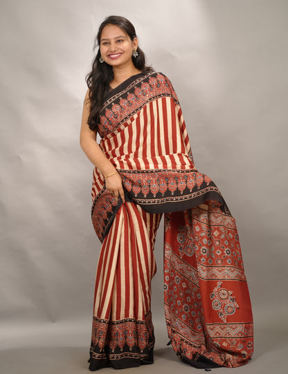Authentic Red And Cream Stripes Ajrakh Handblock Printed Modal Silk Saree | Looms & Tassels